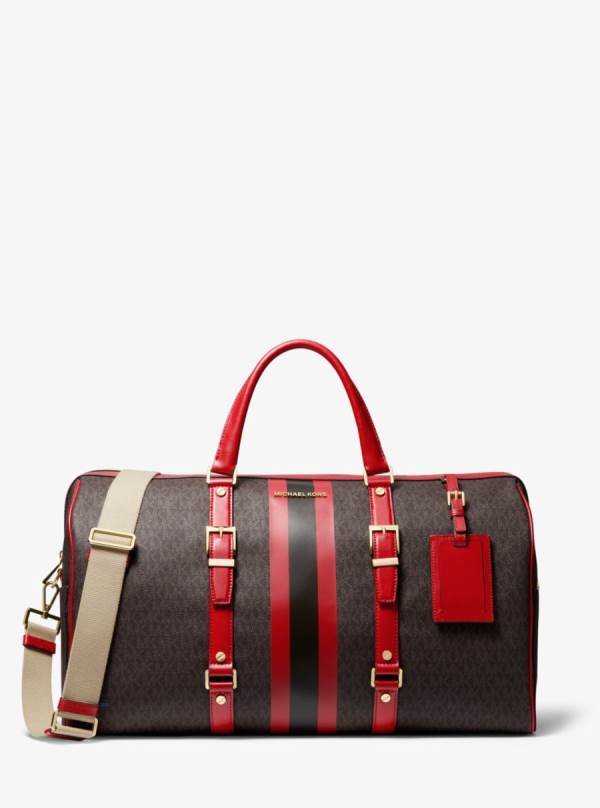 Damske Cestovné Tašky Michael Kors Bedford Travel Extra-Large Logo Stripe Weekender Červené - Kabelky Michael Kors Outlet | KSLAG-8426